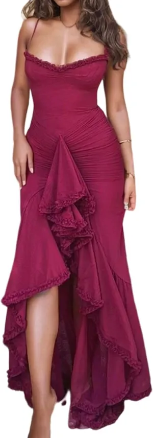 Voghtic Women's Sexy Ruched Mesh Ruffle Hem Bodycon Wedding Guest Dress Spaghetti Strap Slit Party Cocktail Maxi Dresses