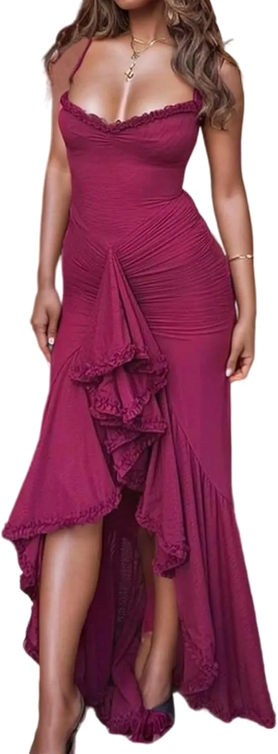 Voghtic Women's Sexy Ruched Mesh Ruffle Hem Bodycon Wedding Guest Dress Spaghetti Strap Slit Party Cocktail Maxi Dresses