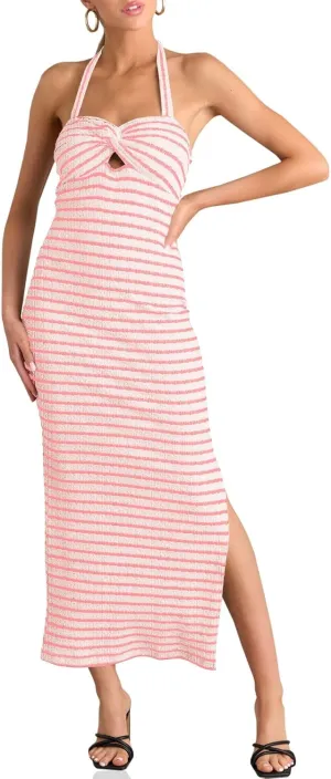 Wenrine Womens Summer Striped Halter Neck Dress Sexy Twist Front Cut Out High Split Casual Sleeveless Maxi Dress
