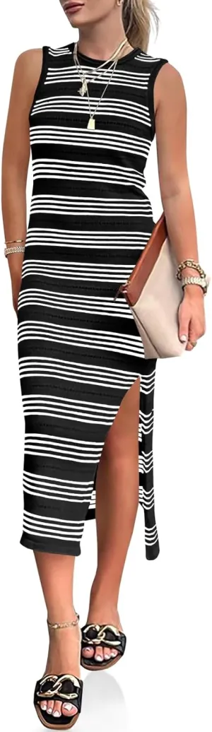 Wenrine Womens Summer Sundress Bodycon Midi Dress Sleeveless Casual Knit Striped Hollow Out Slit Long Tank Sun Dresses