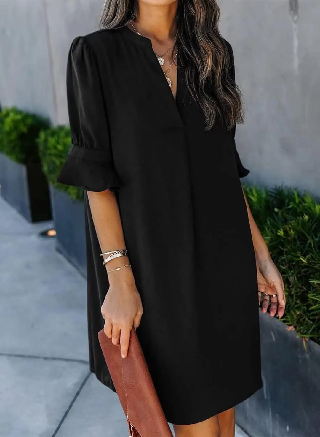 Wkior Shift Dress for Women V Neck Short Sleeves Solid Color Casual Flowy Summer Dresses(S-2XL)