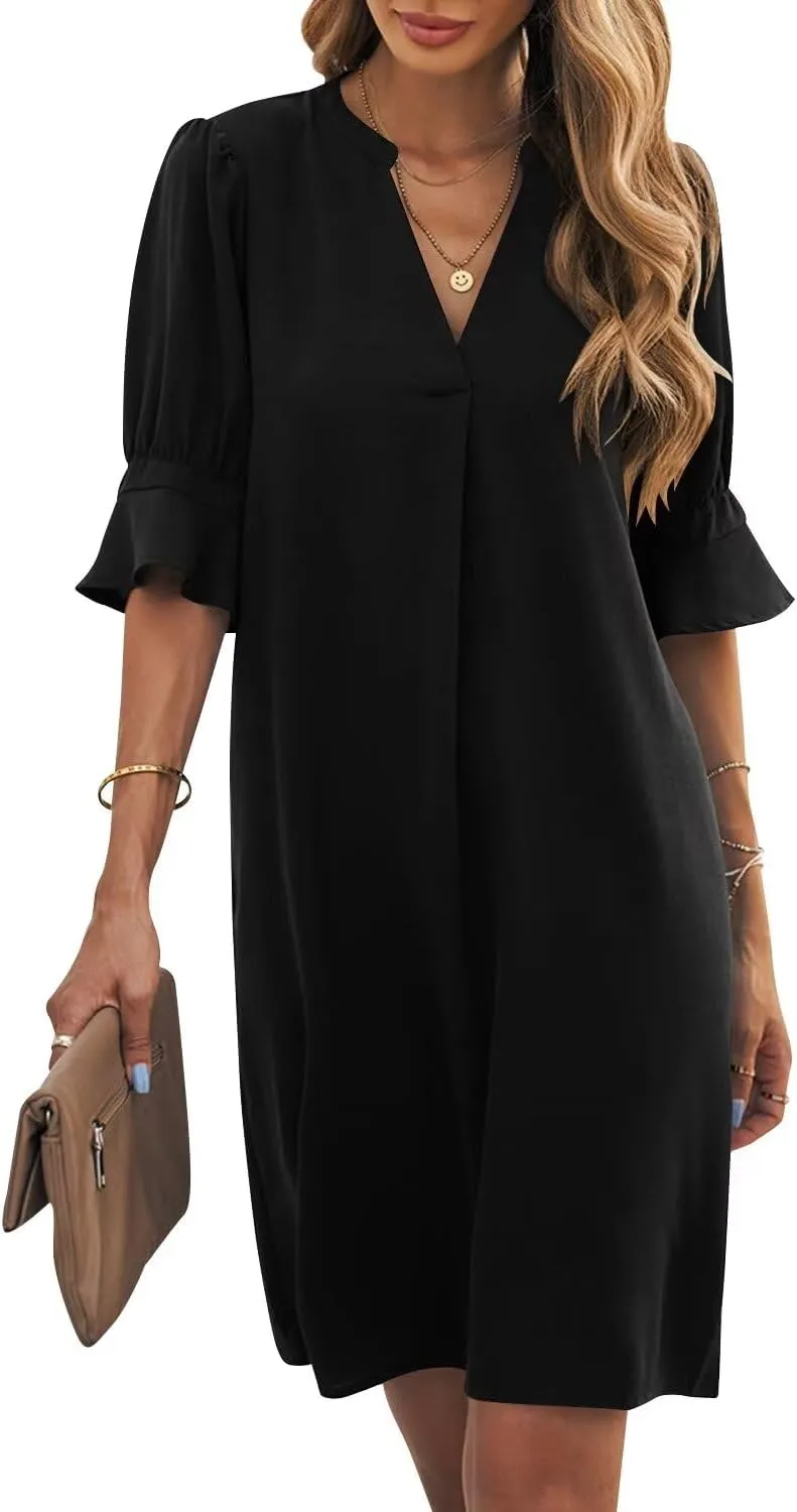 Wkior Shift Dress for Women V Neck Short Sleeves Solid Color Casual Flowy Summer Dresses(S-2XL)