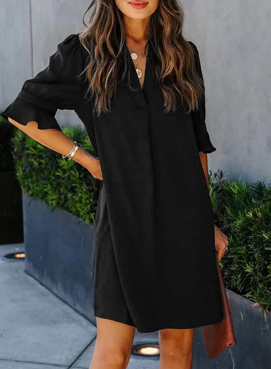 Wkior Shift Dress for Women V Neck Short Sleeves Solid Color Casual Flowy Summer Dresses(S-2XL)