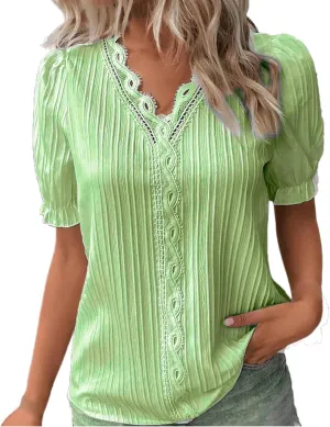Women Plain Lace Elegant Shirt Summer Casual V Neck Fashion Trendy Solid Color Puff Sleeve Loose Fit Hollow Blouses