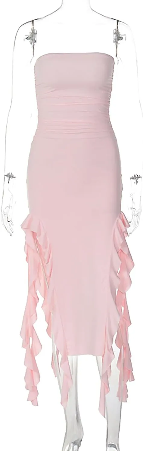 Women Summer Elegant Strapless Tube Midi Bodycon Dresses Irregular Ruffle Tassel Party Dress