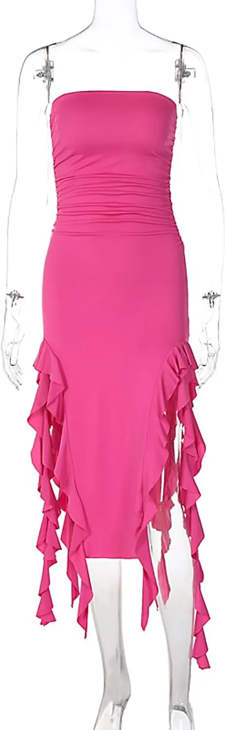 Women Summer Elegant Strapless Tube Midi Bodycon Dresses Irregular Ruffle Tassel Party Dress