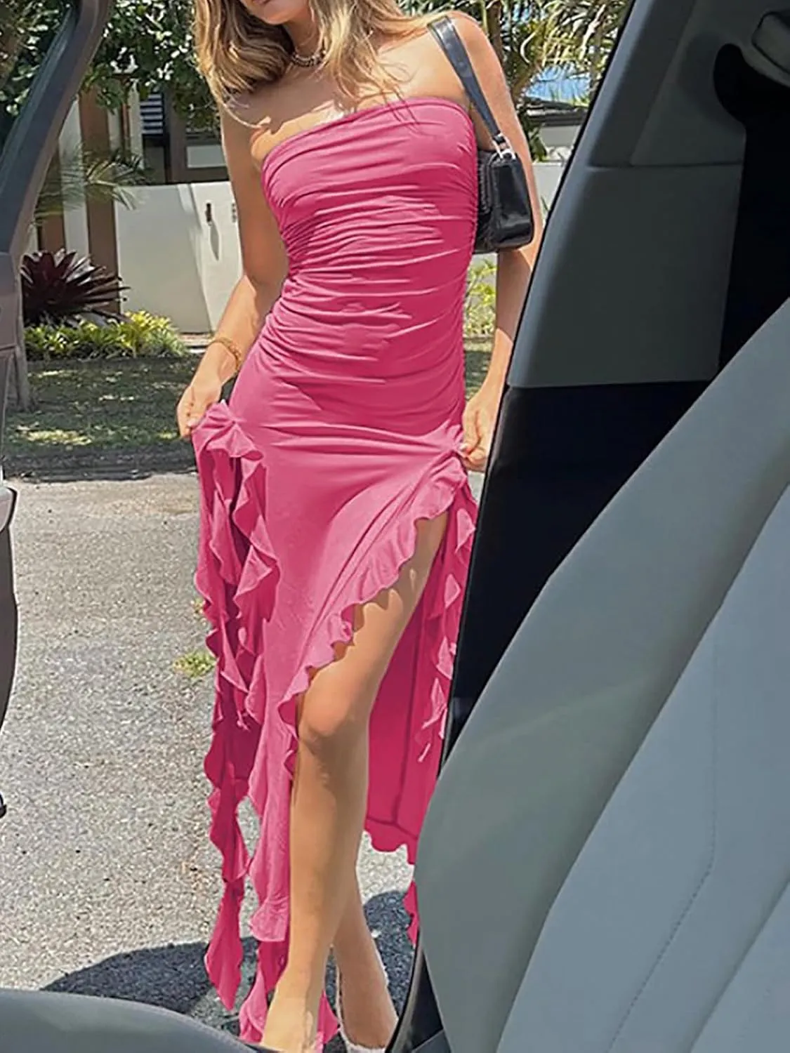 Women Summer Elegant Strapless Tube Midi Bodycon Dresses Irregular Ruffle Tassel Party Dress