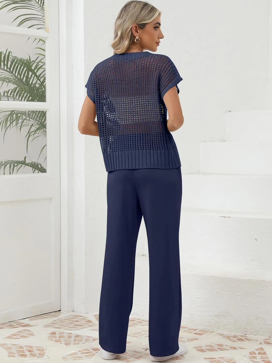 Women Two Piece Outfits Crochet Sheer Knit Sweater Top Wide Leg Pants Lounge Matching Sets Sweatsuit Travel Clothes