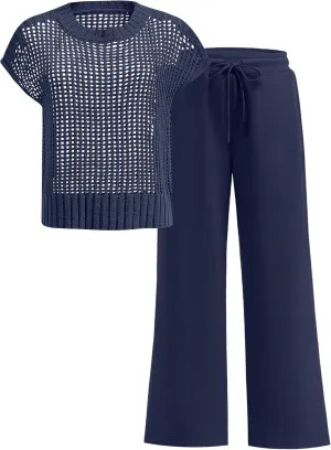 Women Two Piece Outfits Crochet Sheer Knit Sweater Top Wide Leg Pants Lounge Matching Sets Sweatsuit Travel Clothes