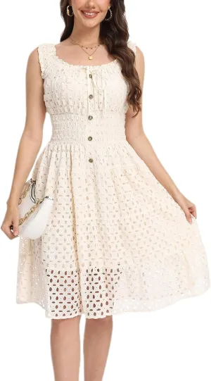 Women's 2025 Summer Short Dress Square Neck Hollow Out Lace Casual Beach Dresses