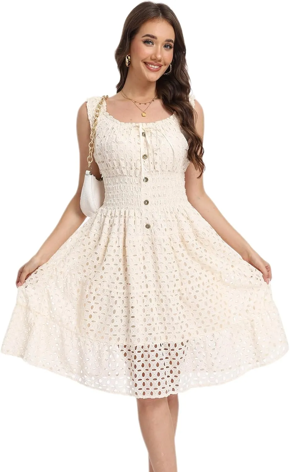 Women's 2025 Summer Short Dress Square Neck Hollow Out Lace Casual Beach Dresses