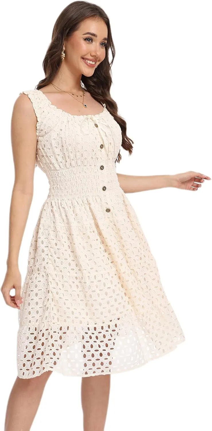 Women's 2025 Summer Short Dress Square Neck Hollow Out Lace Casual Beach Dresses
