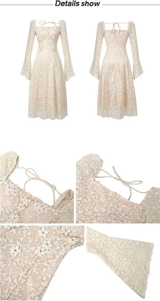Women's Casual Floral Dress Lace Square Neck A-Line Dress Slim Fit Midi Length Elegant Party Dress(XX-Large)