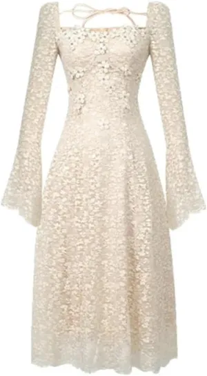 Women's Casual Floral Dress Lace Square Neck A-Line Dress Slim Fit Midi Length Elegant Party Dress(XX-Large)