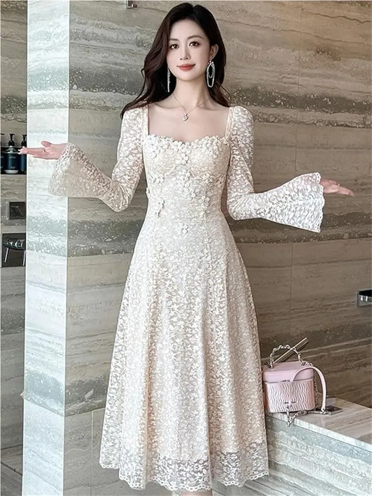 Women's Casual Floral Dress Lace Square Neck A-Line Dress Slim Fit Midi Length Elegant Party Dress(XX-Large)