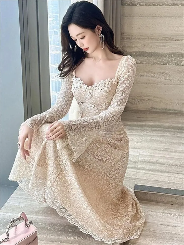 Women's Casual Floral Dress Lace Square Neck A-Line Dress Slim Fit Midi Length Elegant Party Dress(XX-Large)