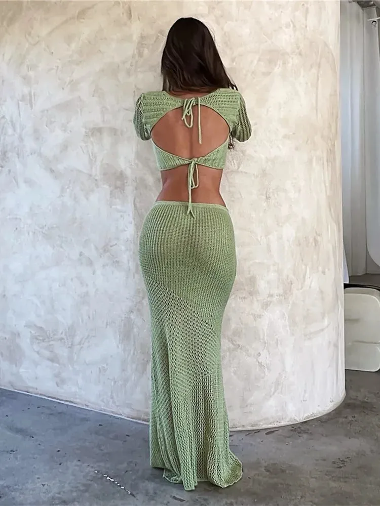 Women's Crochet Knit 2 Piece Skirt Set Hollow Out Crop Top Long Sleeve Backless Tie Up Club Bodycon Outfits Lace Dress