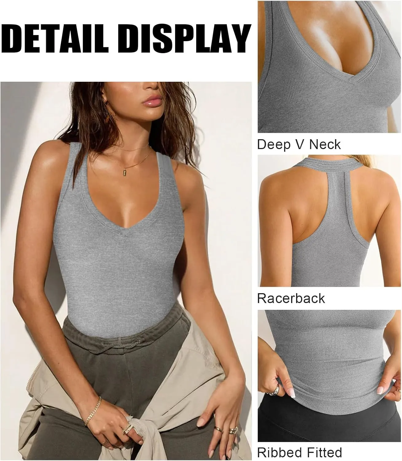 Womens Low Cut Deep V Neck Racerback Tank Tops for Women Summer Workout Yoga Sport Ribbed Fitted Cotton Clothes