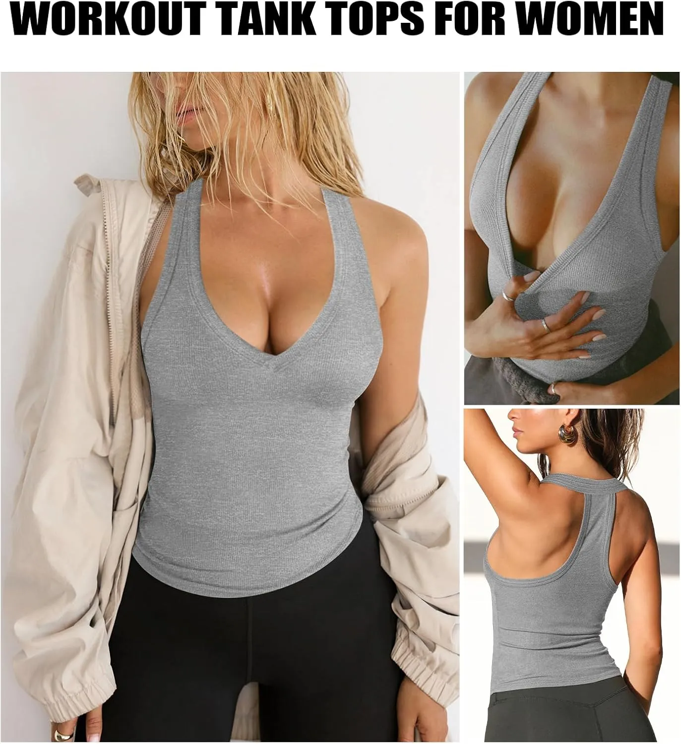 Womens Low Cut Deep V Neck Racerback Tank Tops for Women Summer Workout Yoga Sport Ribbed Fitted Cotton Clothes