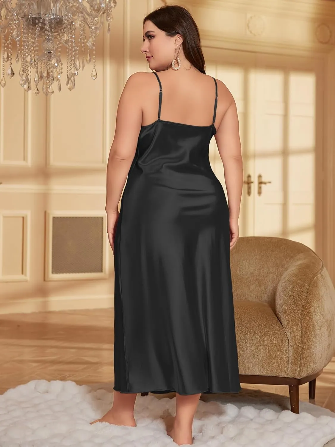 Women's Satin Nightgown Plus Size Elegant Silk Slip Cami Sleep Dress Sexy V Neck Sleepwear Soft Nightdress
