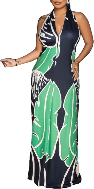 Womens Sexy Summer Dresses Halter Neck Plus Size Long Maxi Dress Casual Floral Beach Sun Dresses with Pockets