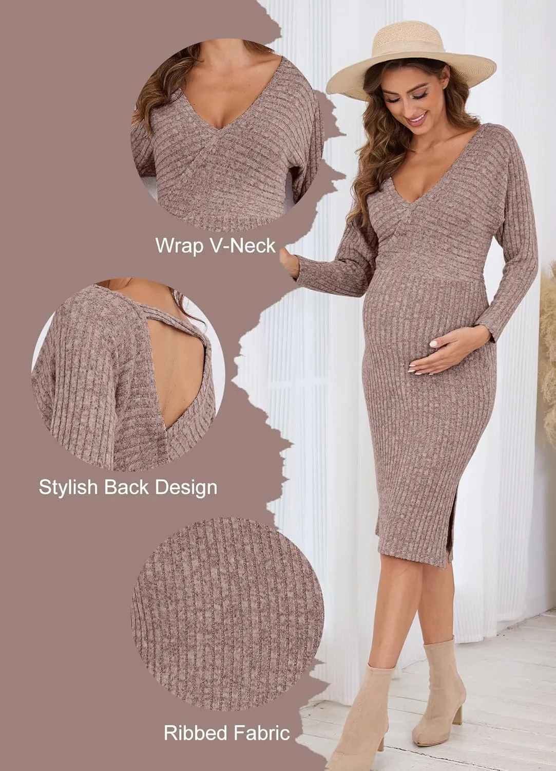 Wrap V Neck Maternity Sweater Dress Rib Knit Batwing Open Back Slit Pregnancy Dresses Baby Shower Photoshoot Outfit