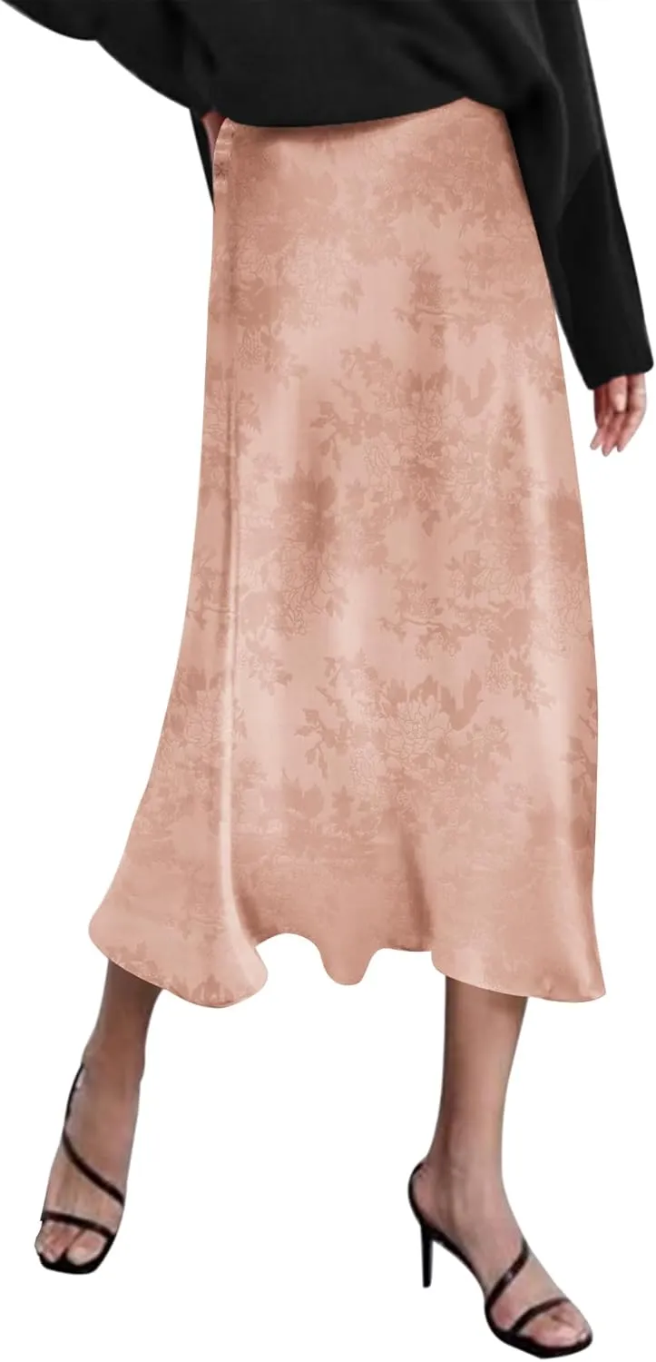 Zeagoo Skirts for Women Jacquard High Waist Skirt Black Elegant Midi Skirt Satin