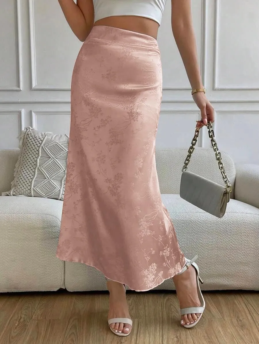 Zeagoo Skirts for Women Jacquard High Waist Skirt Black Elegant Midi Skirt Satin