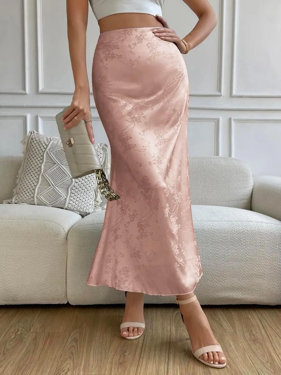 Zeagoo Skirts for Women Jacquard High Waist Skirt Black Elegant Midi Skirt Satin